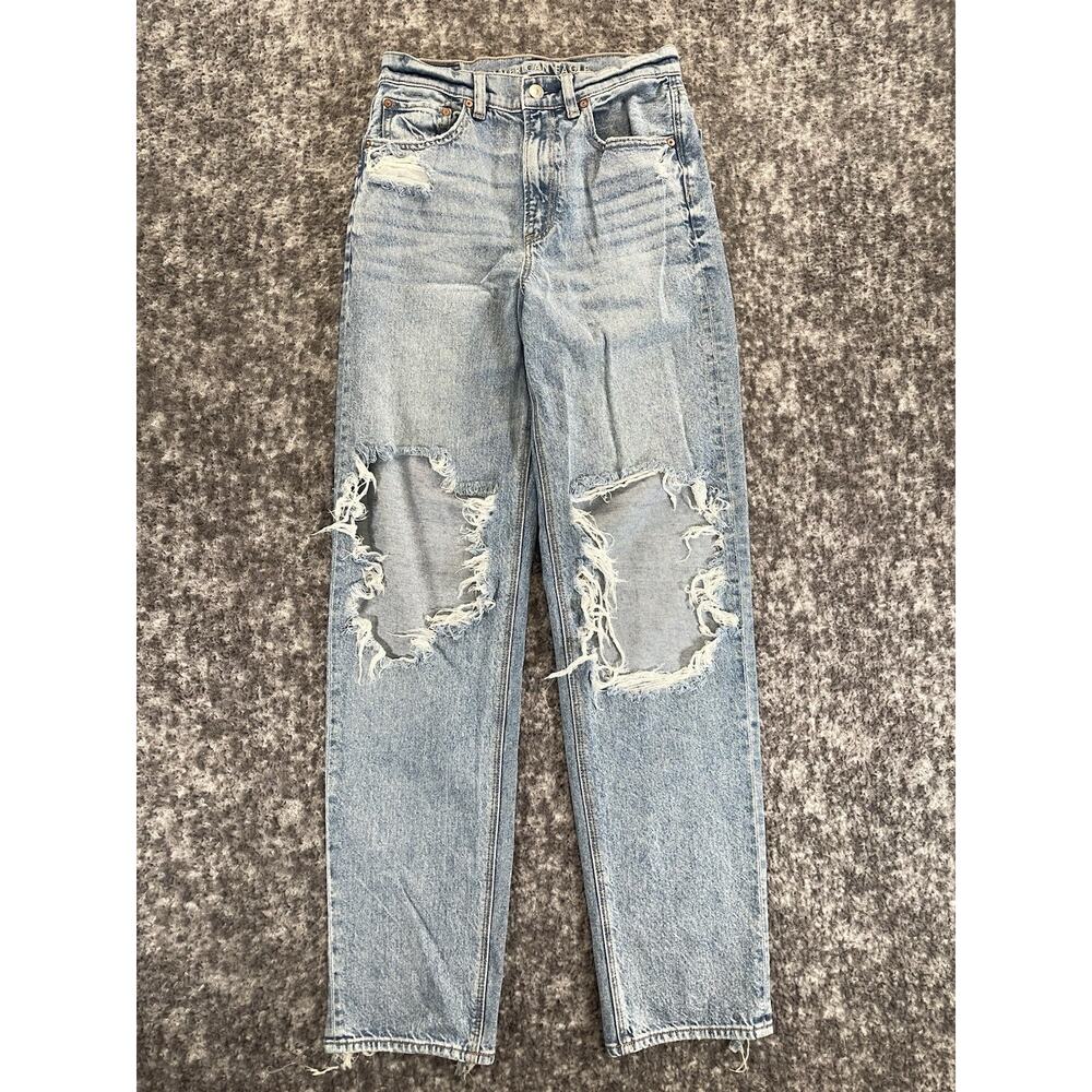 American Eagle Jeans Womens 2 Blue Highest Rise Baggy Straight Denim Thrashed
